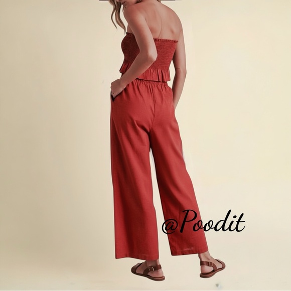 KLESIS rust wide leg smocked top linen two piece set sz MEDIUM - Picture 2 of 3